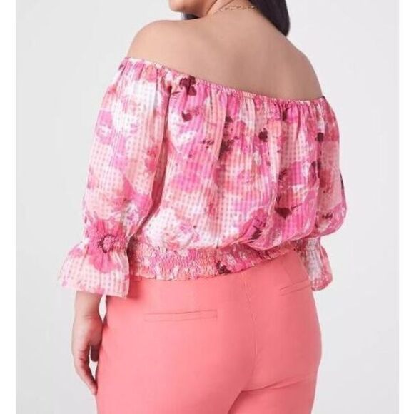 Lane Bryant Women Sz 14/16 Pink Floral Crop Off-The-Shoulder Chiffon Blouse $70 - Picture 9 of 9